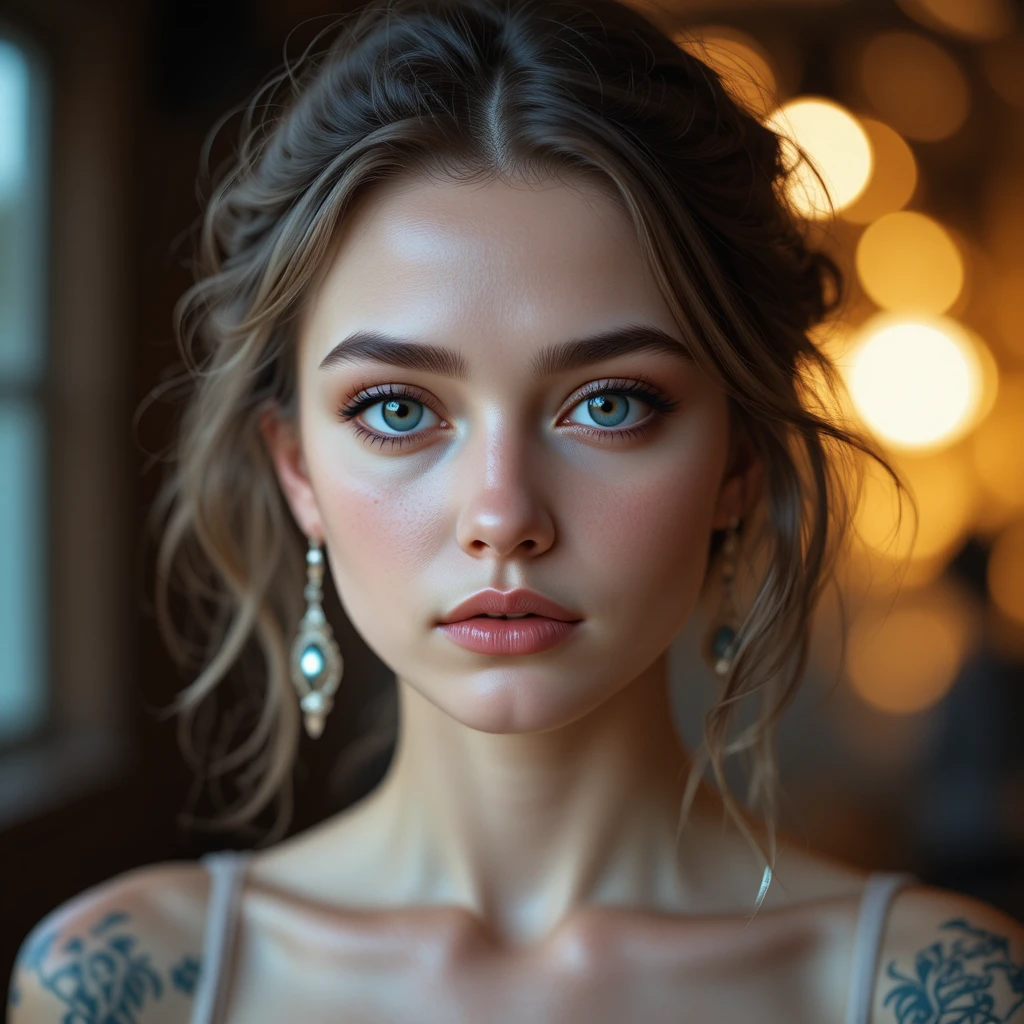 Young woman close up portrait with blue eyes and bokeh