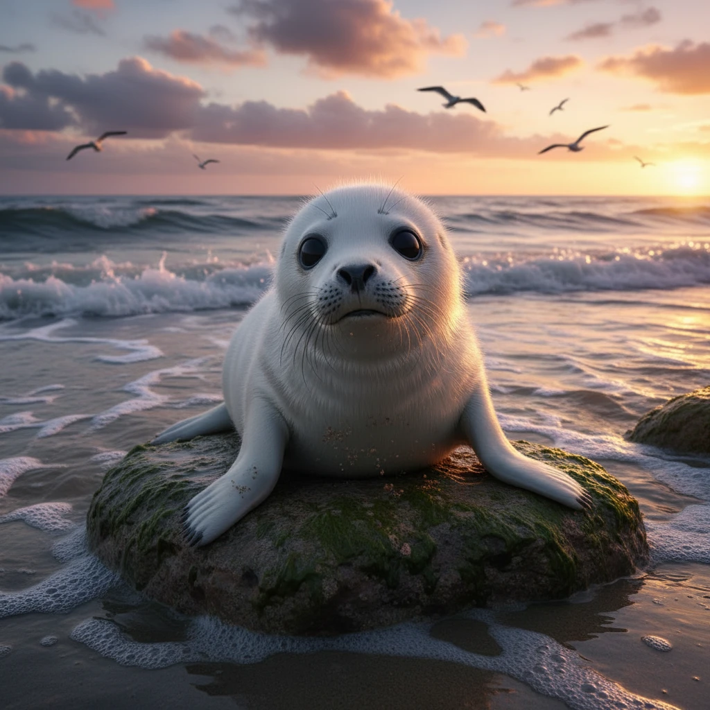 Foca jovem fofa em praia rochosa ao pôr do sol com gaivotas
