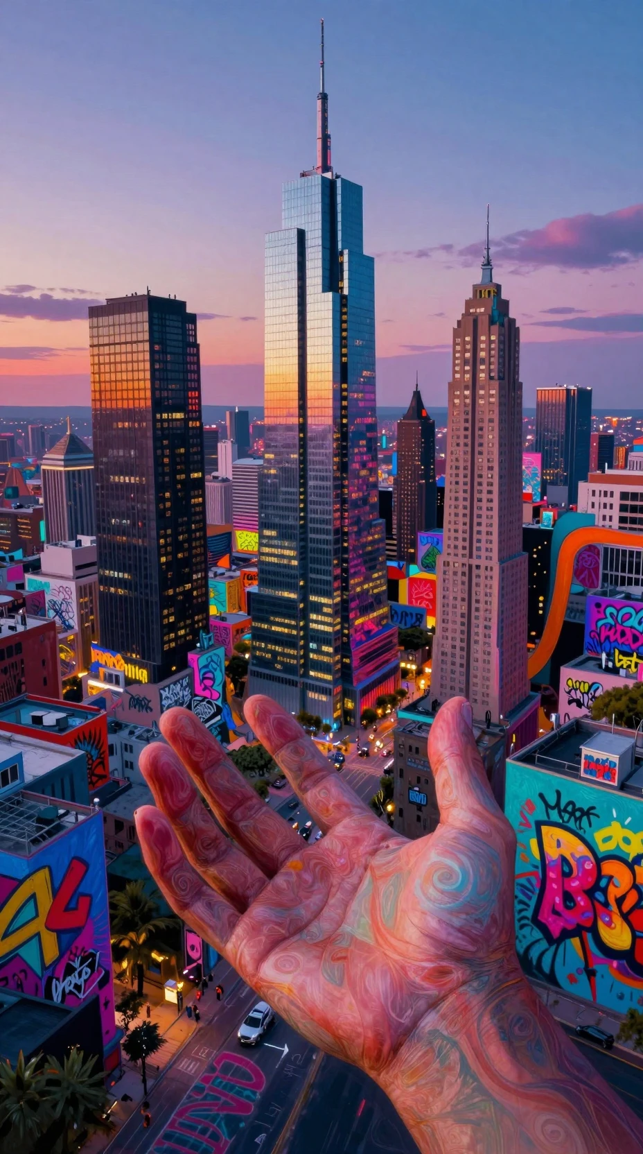 Surreal neon cityscape warped into a vibrant abstract maze