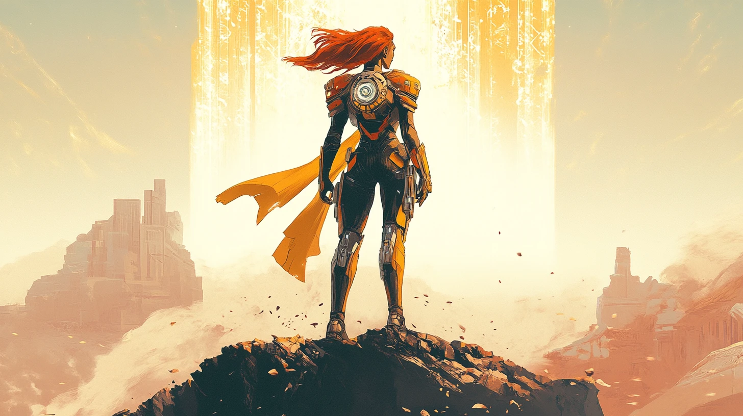 Armored warrior princess before a glowing interdimensional portal