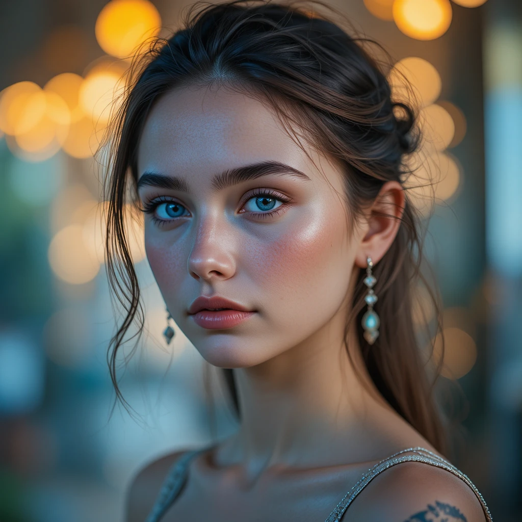 藍眼年輕女子的人像與金色散景
