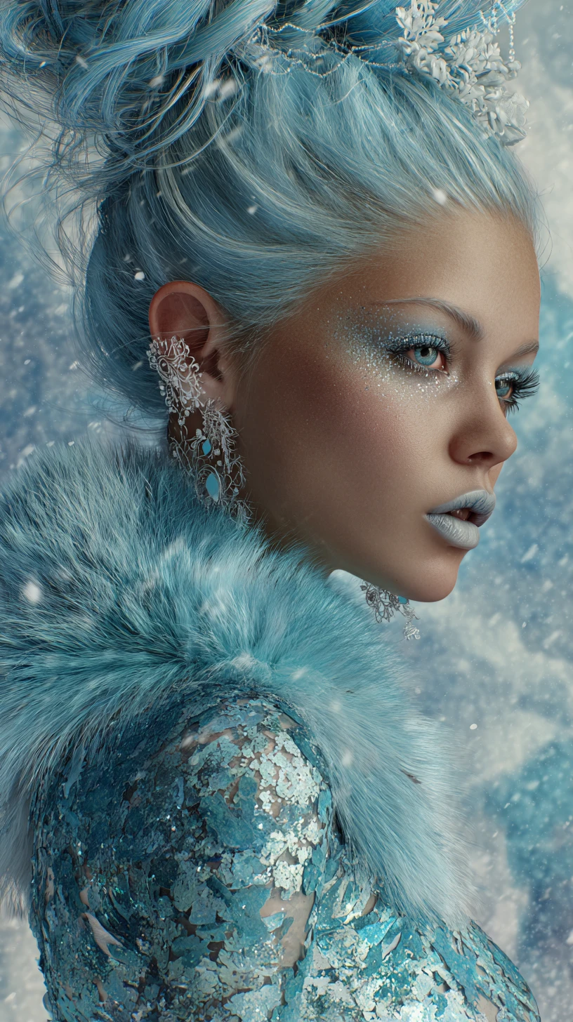 Arctic fox girl with opal hair in winter landscape