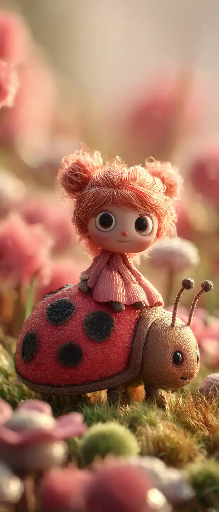 Fille en claymation chevauchant une coccinelle géante au lever du soleil