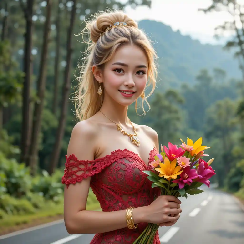 Smiling young woman with flowers on forest roadside