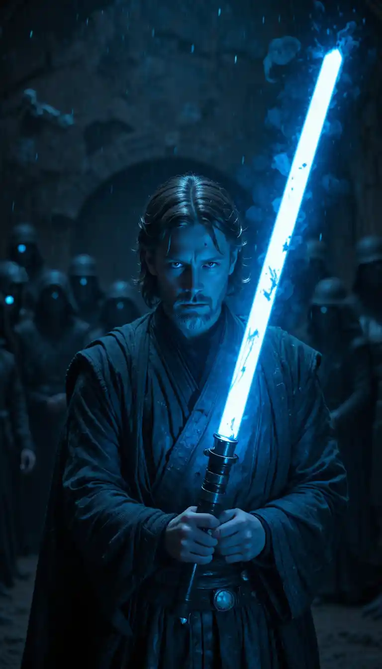 Guerrier Jedi solitaire avec sabre laser bleu brisé dans l’obscurité