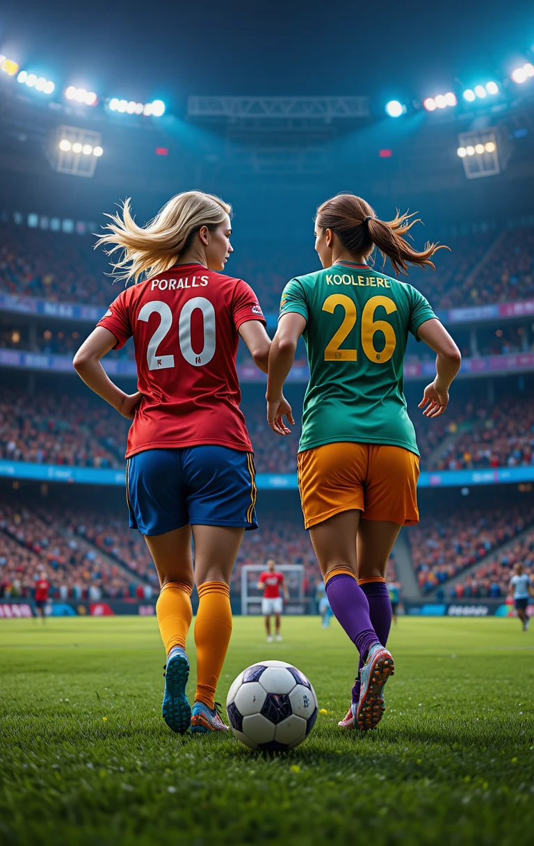 Two women soccer players sprint toward the ball in stadium