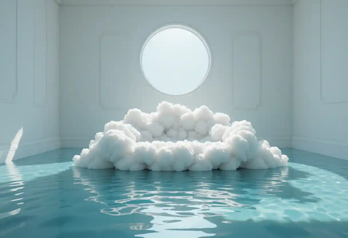 Stanza minimalista surreale con divano-nuvola e pavimento d’acqua
