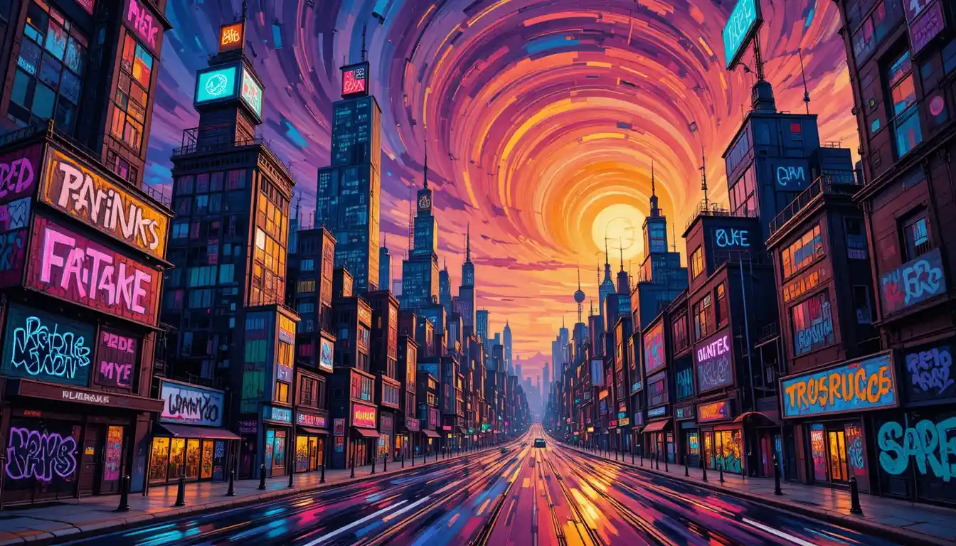 Paisaje urbano abstracto al anochecer, arremolinado en neón y tonos de atardecer