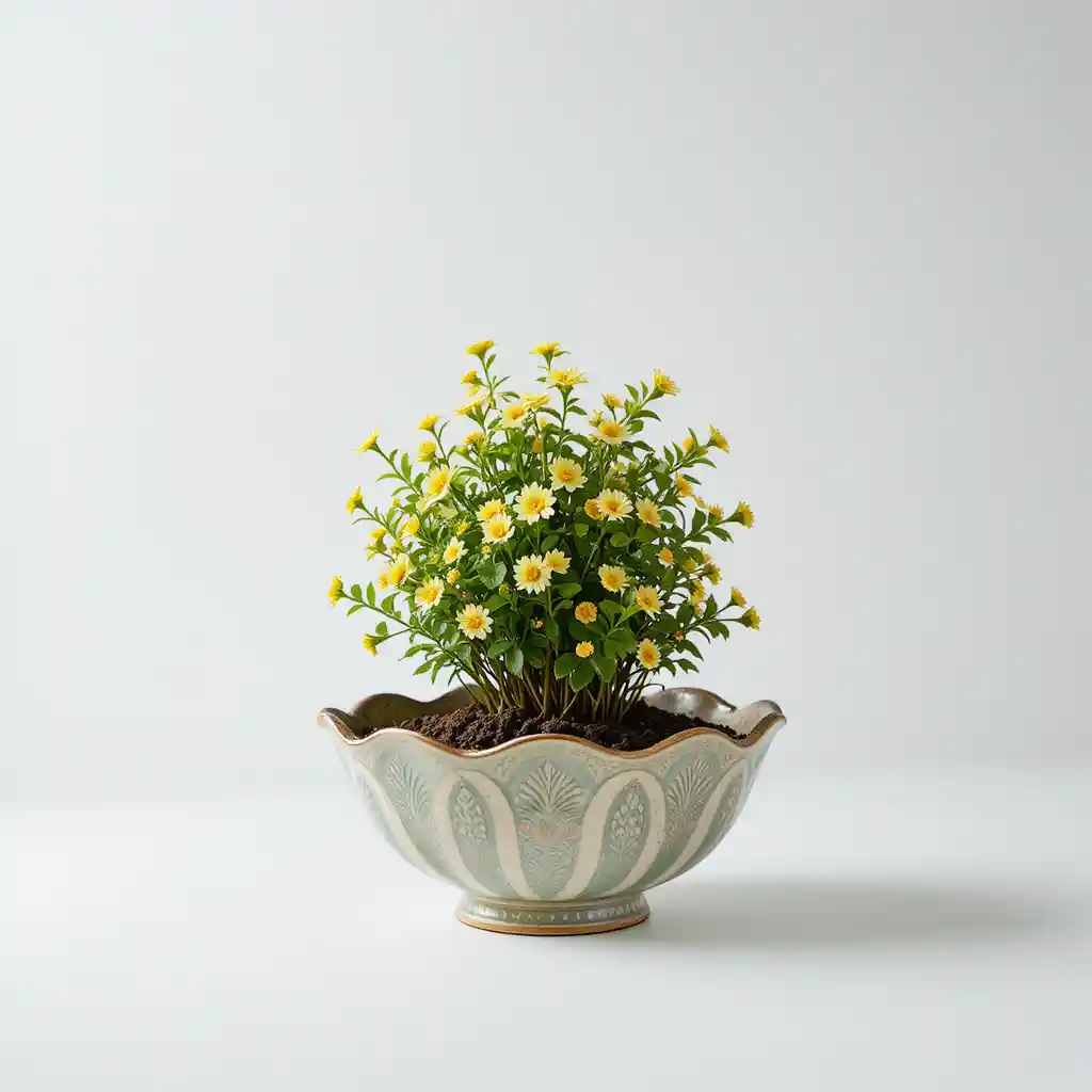 Potted Plant In Ornate Bowl On Clean White Background