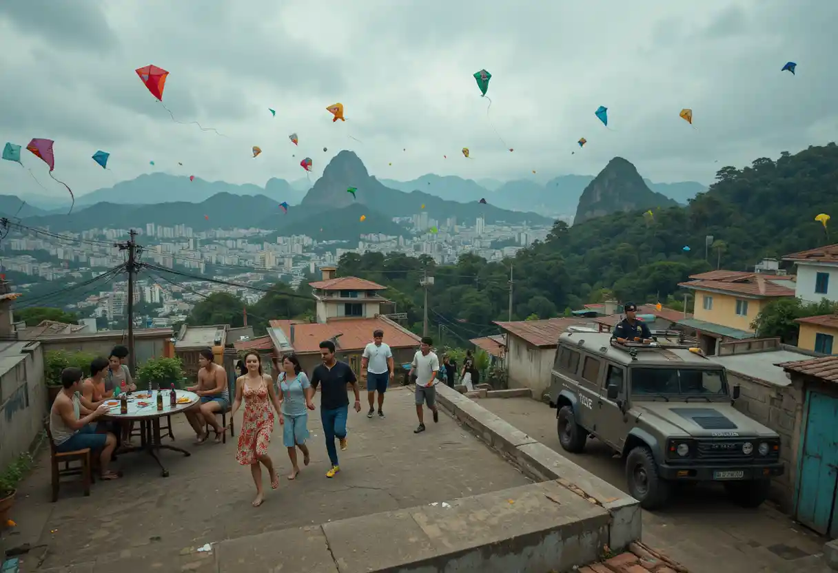 Jóvenes amigos volando cometas sobre los tejados de una favela de Río de Janeiro