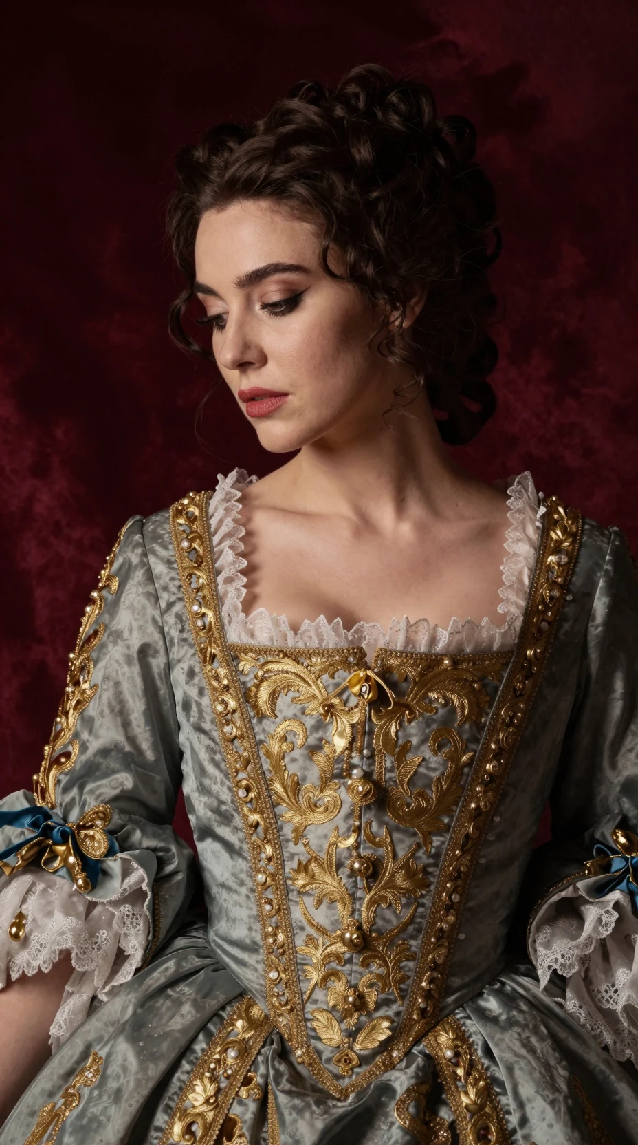 Woman in baroque gown with enigmatic downward gaze