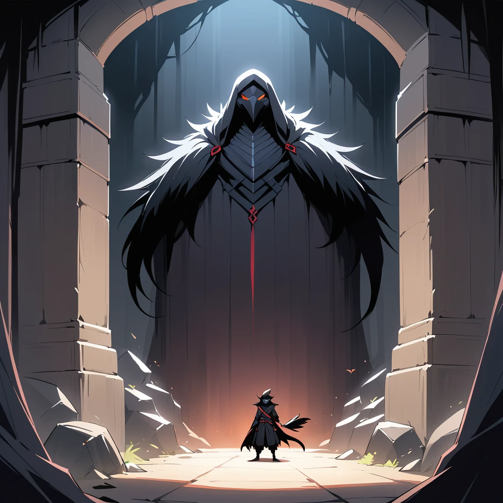 Dark ninja with crow mask lurking in monster dungeon