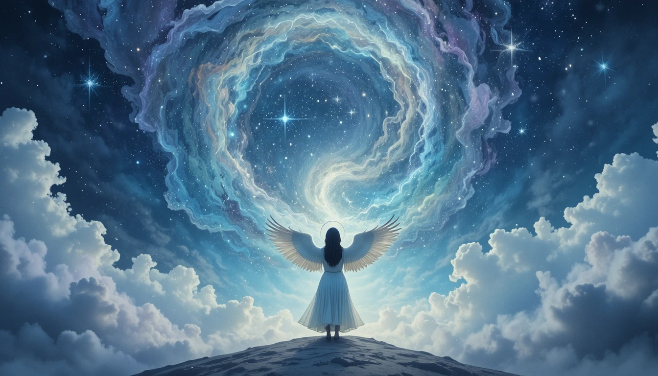 Anjo observando uma nebulosa cósmica em espiral em aquarela