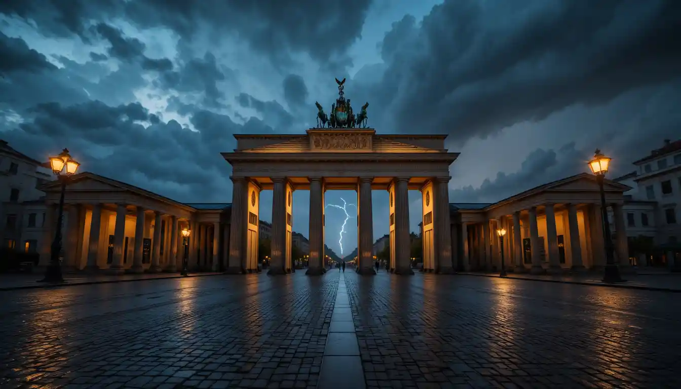 Brandenburg Gate at dusk under a stormy dramatic sky