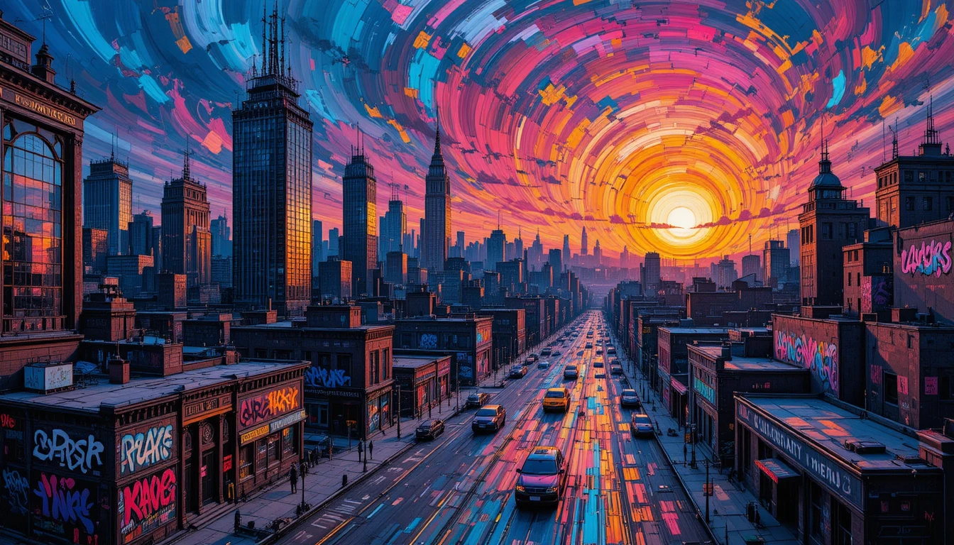 Paysage urbain abstrait au crépuscule avec gratte-ciel surréalistes déformés au néon