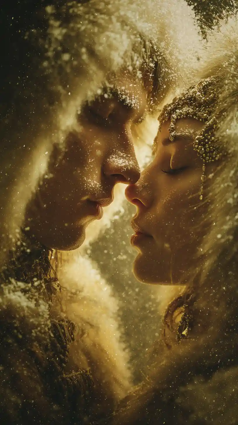 Pareja inuit compartiendo un beso suave bajo un cielo nocturno amarillo