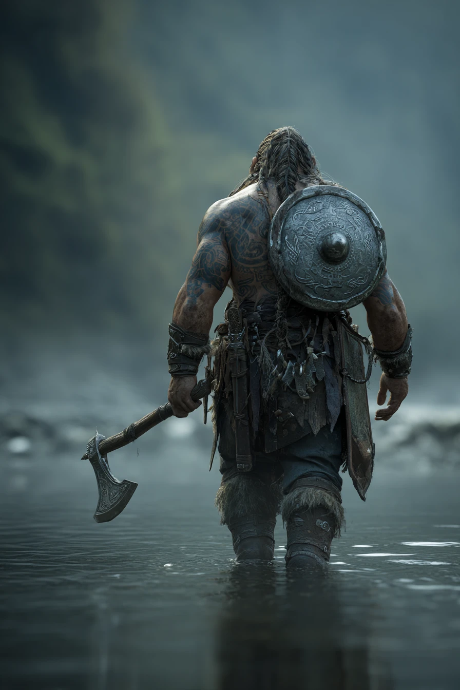 Dwarf barbarian sneaking through a dark river scene