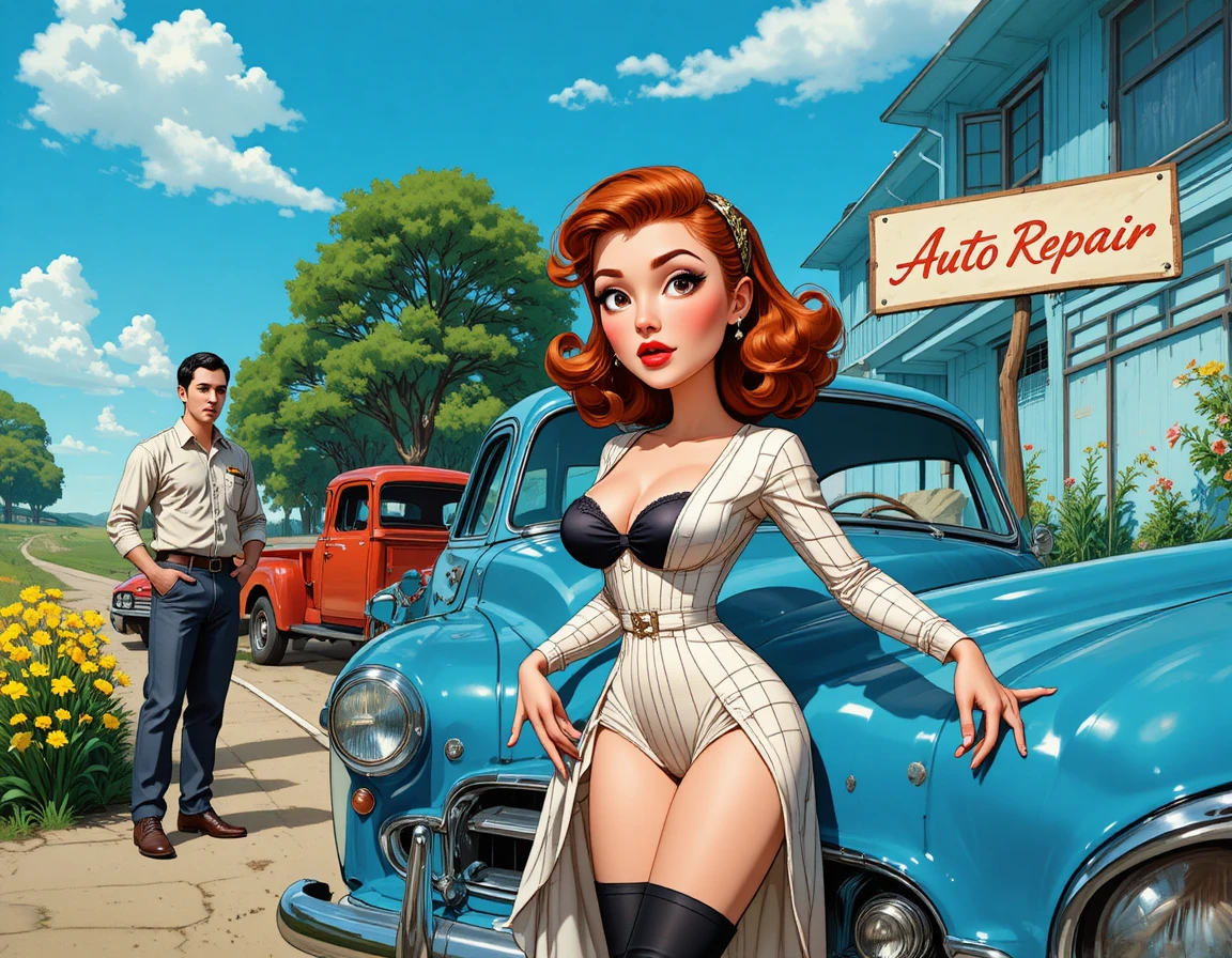 Pin up woman by blue car in windy roadside scene