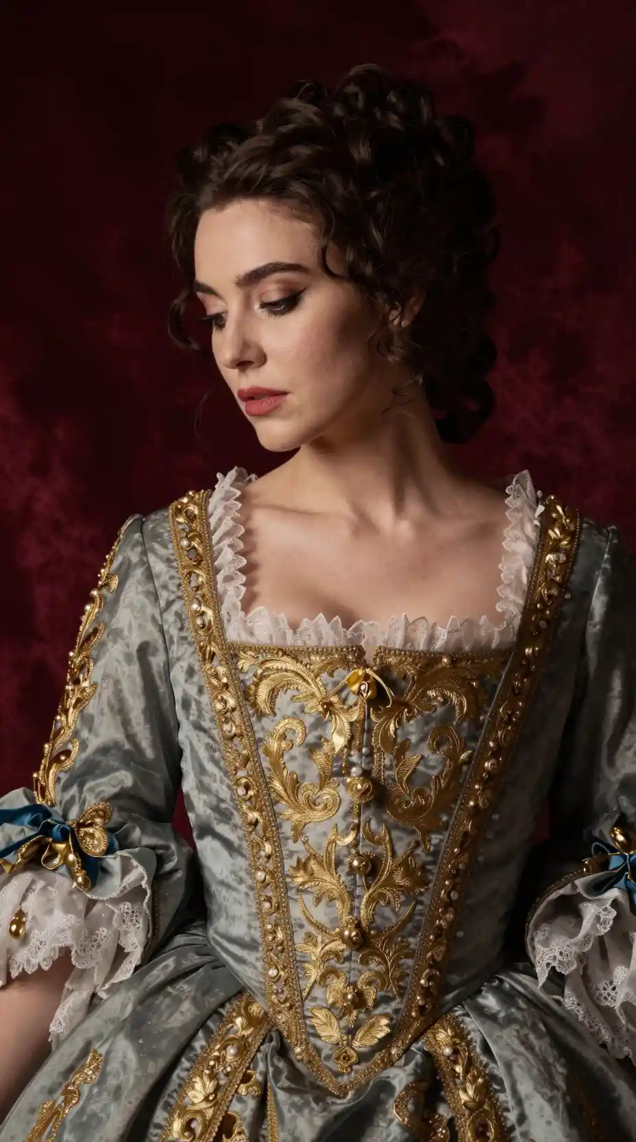 Woman in baroque gown with enigmatic downward gaze
