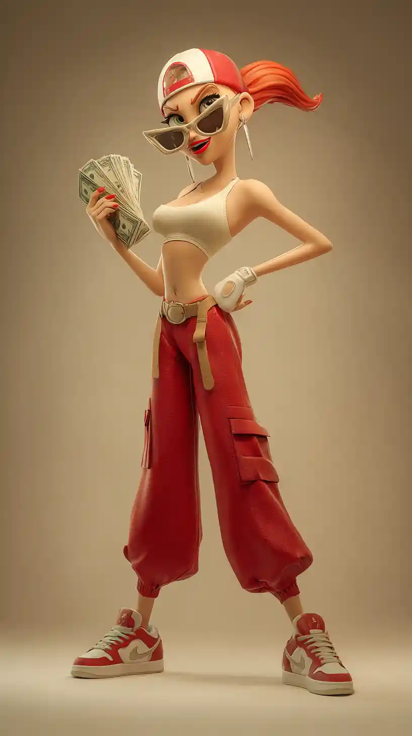 手拿現金、自信擺姿的風格化 3D 時尚女性