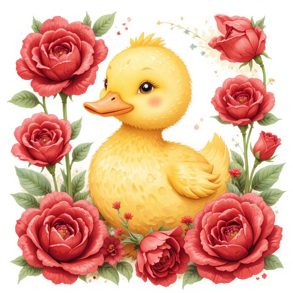 Pato Fofo com Rosas Vermelhas Ilustração Infantil em Aquarela