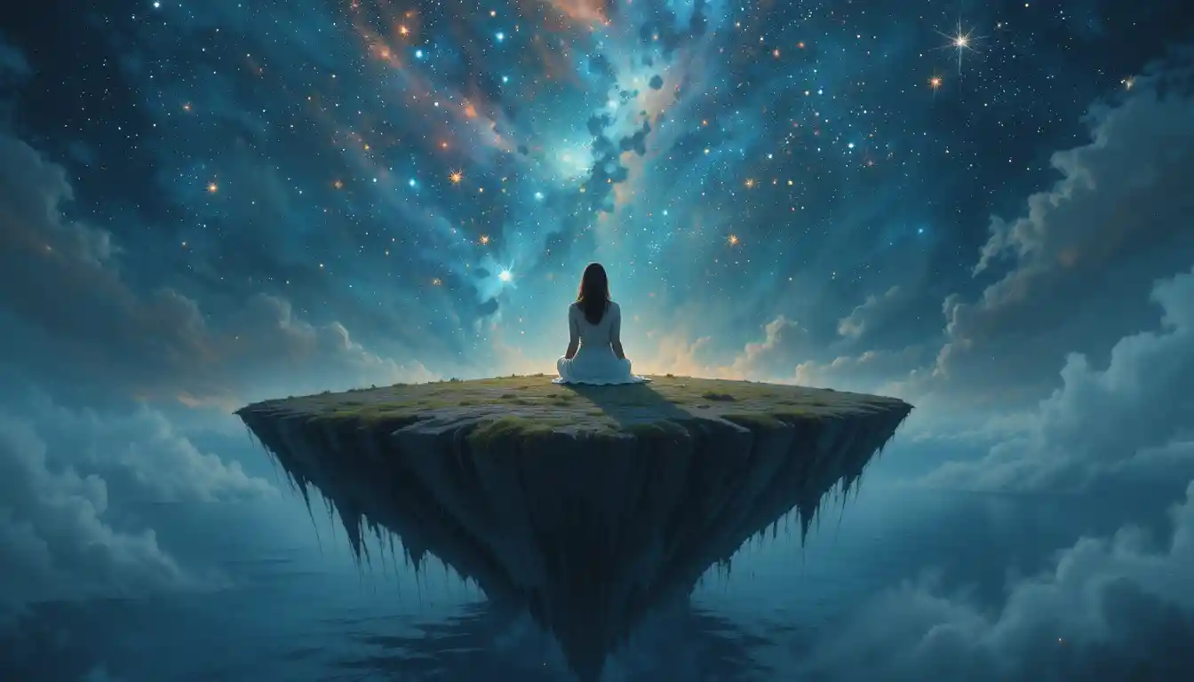 Woman on floating island above a tranquil starlit ocean