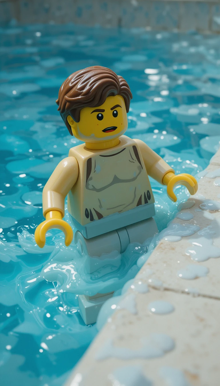 Lego figure floating in melted plastic pool with surprise