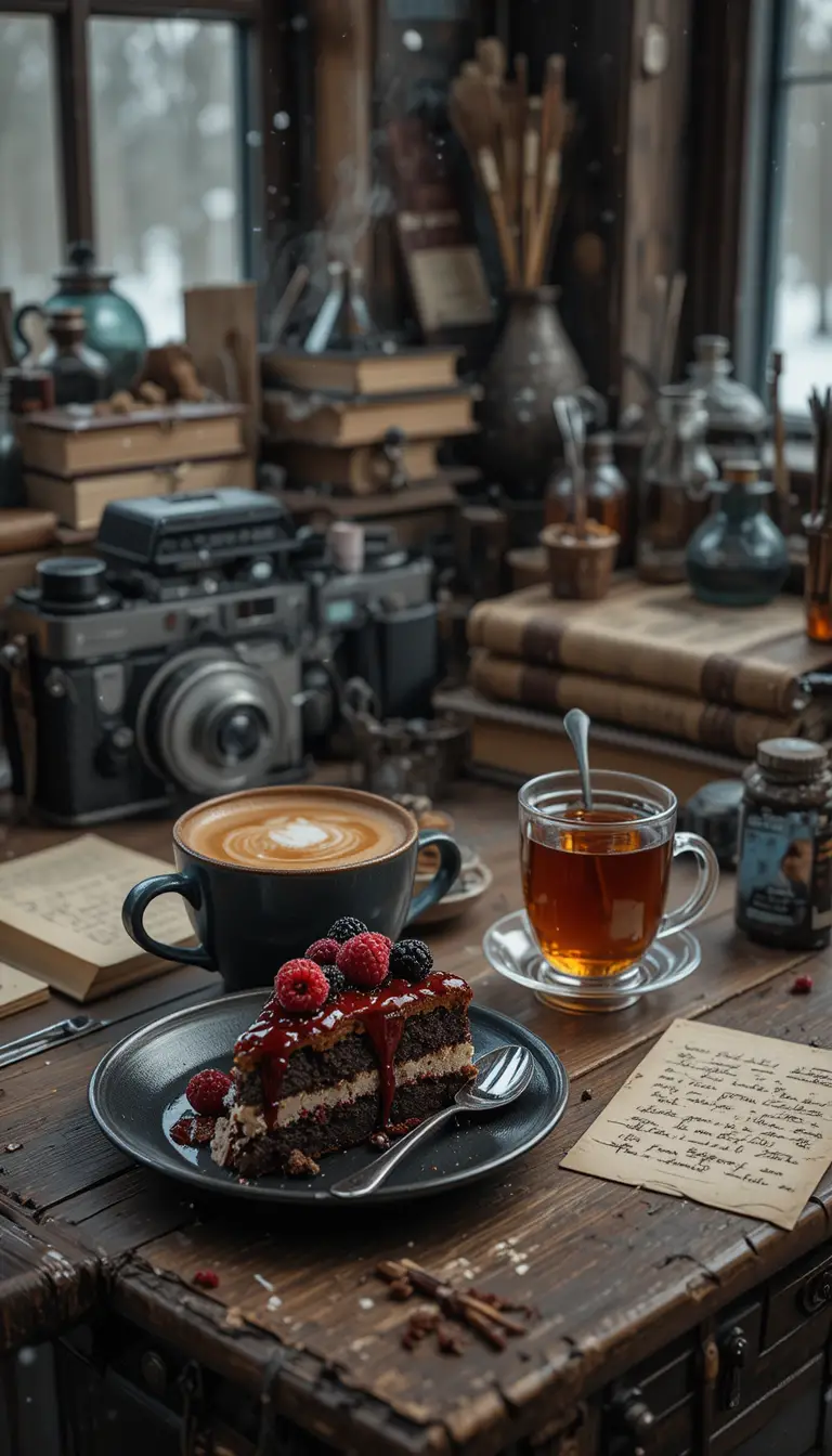 Escrivaninha vintage aconchegante com bolo de café e câmera antiga