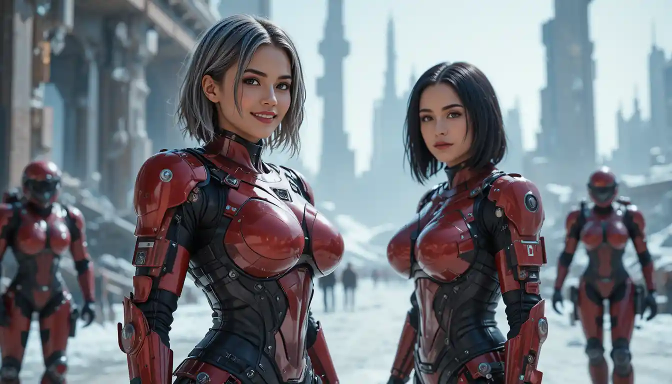 Two armored female space explorers with robot in snow