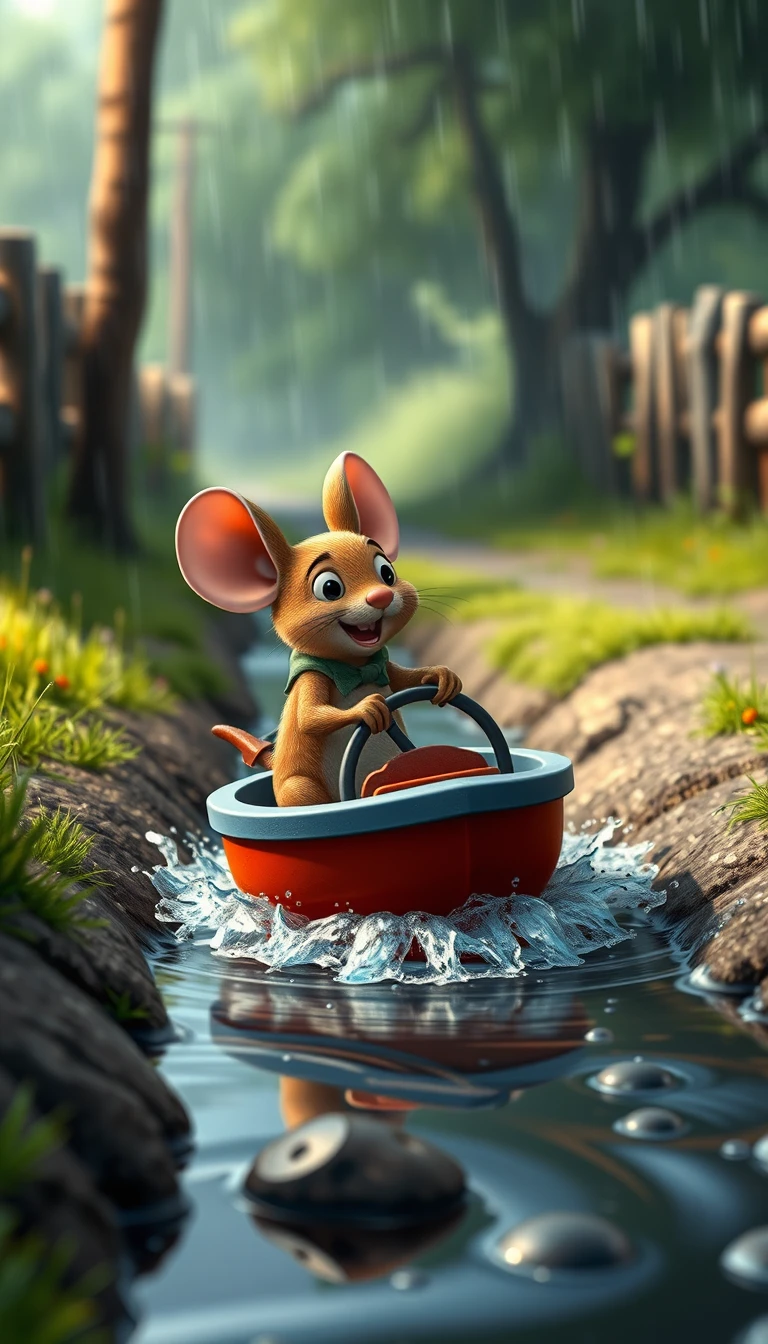 Rato de desenho animado guiando um barco de brinquedo em um valão chuvoso