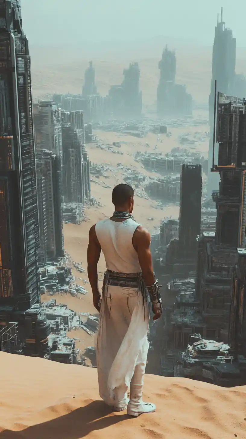 Homem careca em acampamento distópico no deserto diante de cidade futurista