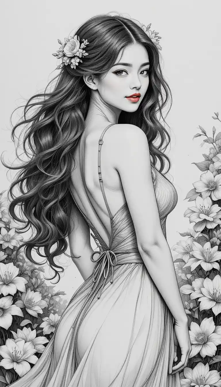 Young woman portrait with red lips and floral details