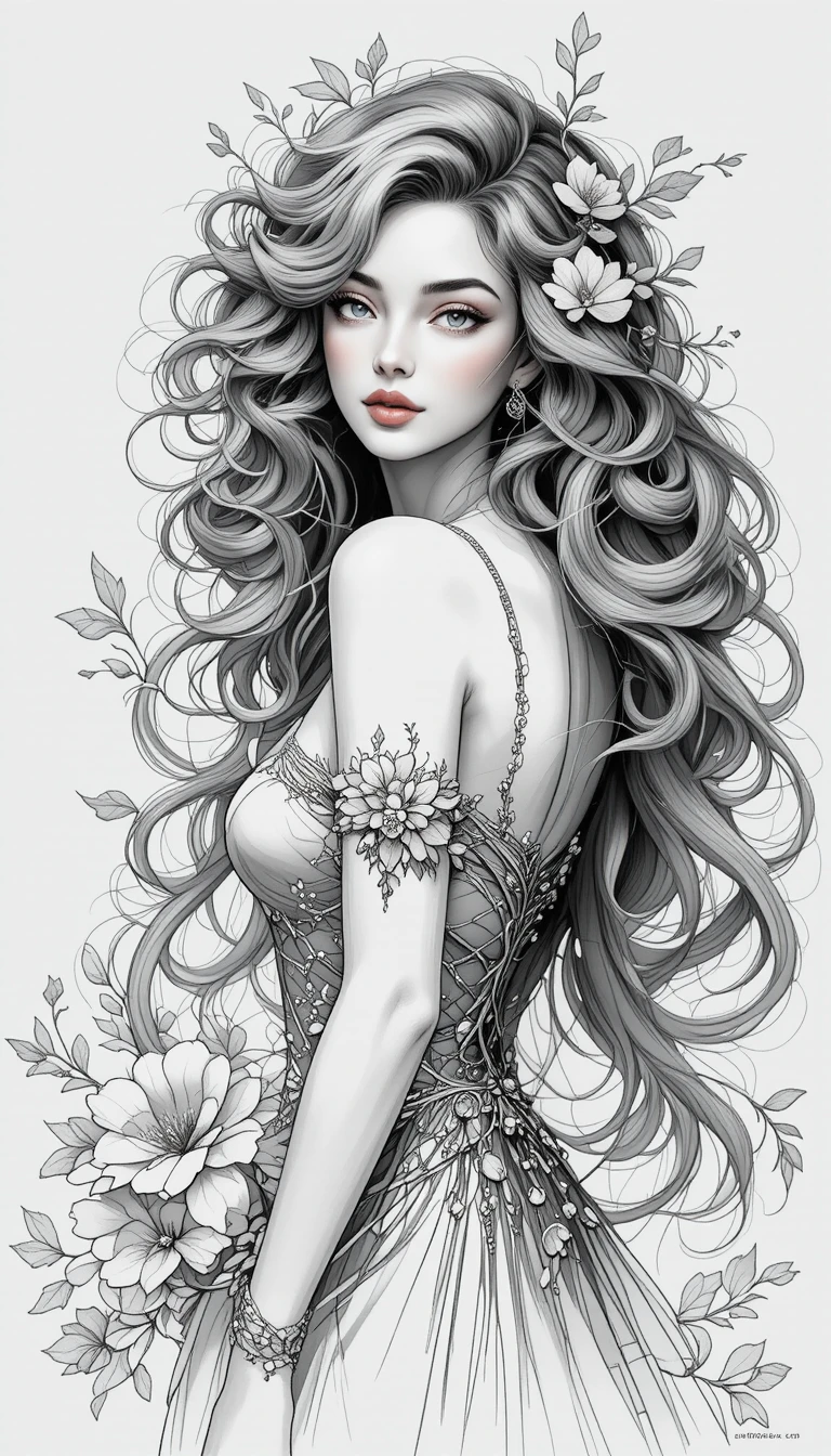Retrato monocromático de uma mulher com cabelos esvoaçantes e flores