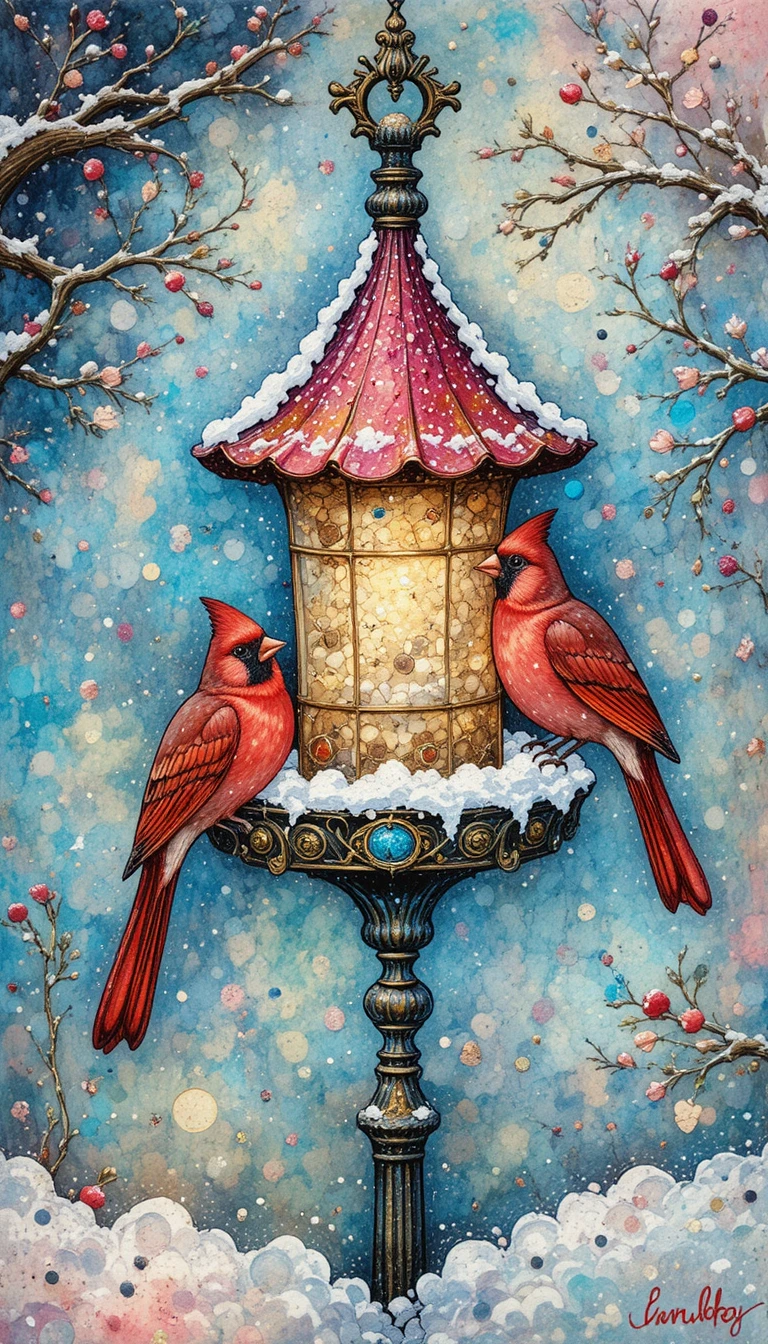 Cardinali colorati a una mangiatoia in una scena astratta innevata