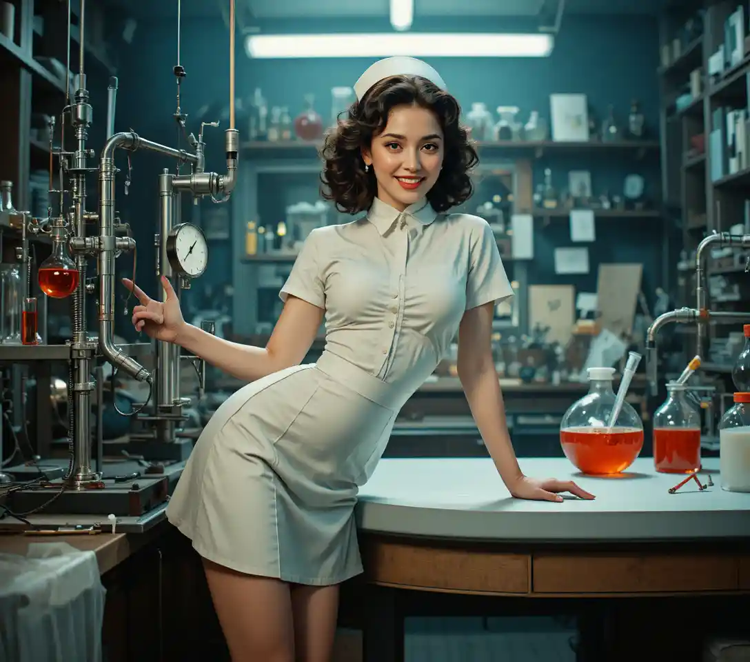 Infermiera pin-up sorridente in una scena di laboratorio retrò