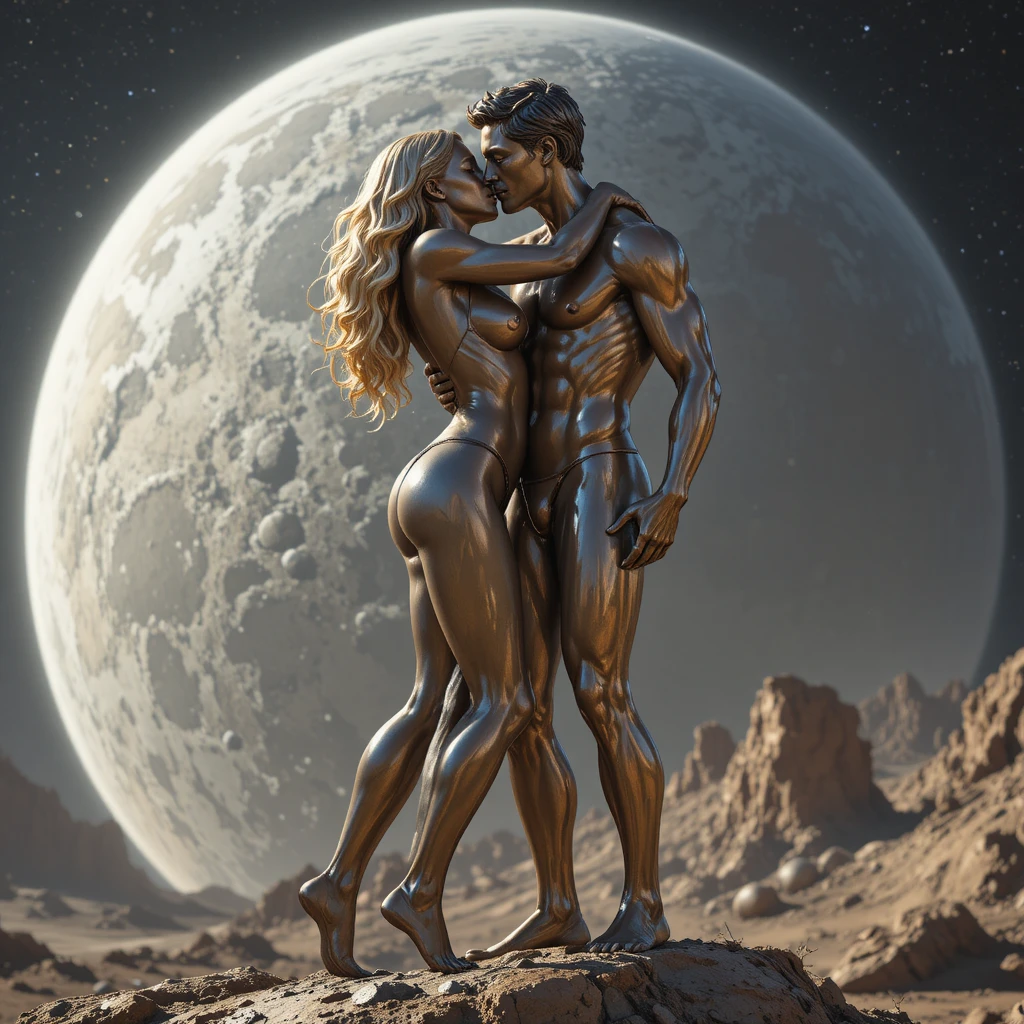 Bronze statue couple embracing on an asteroid in space