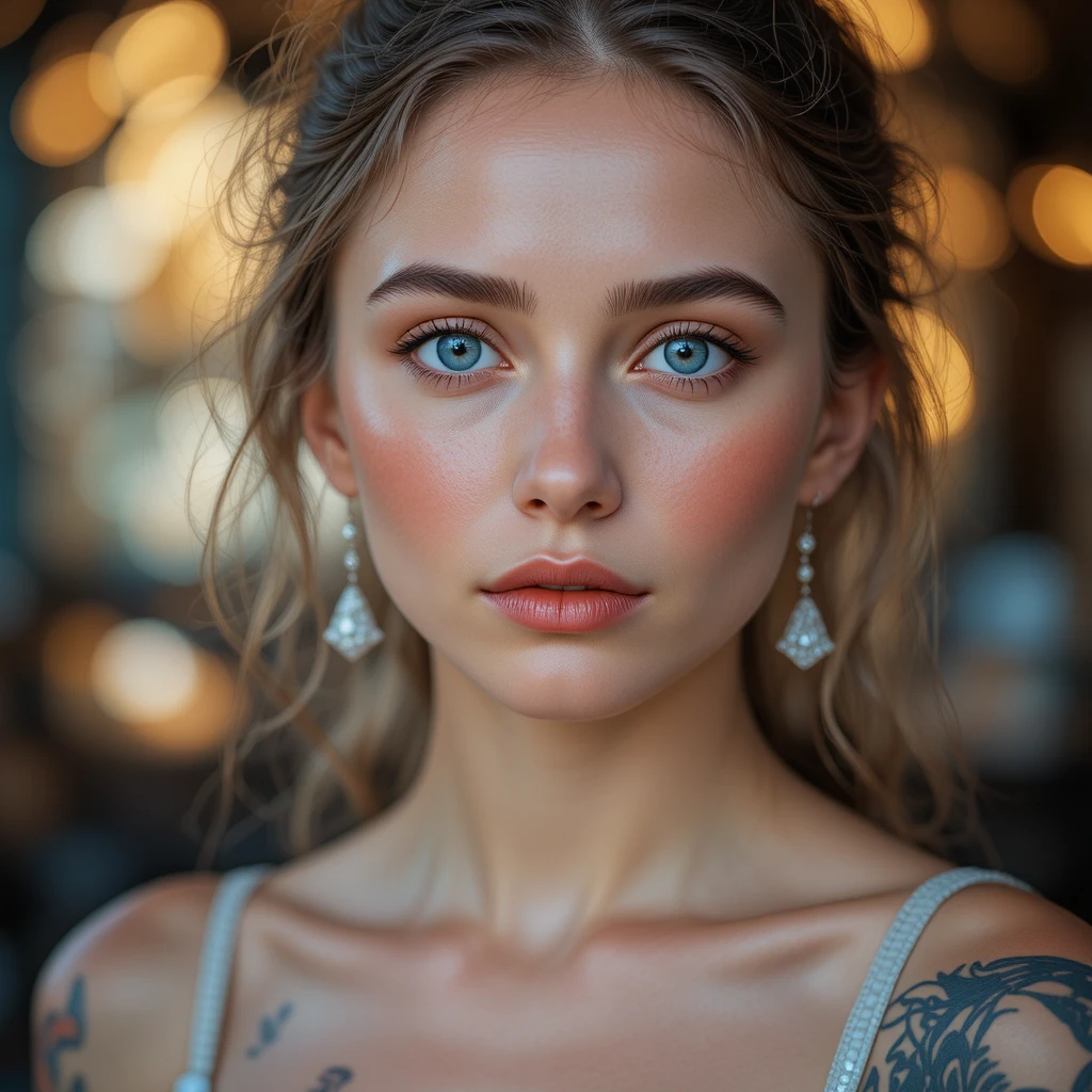Young woman portrait with blue eyes and golden bokeh