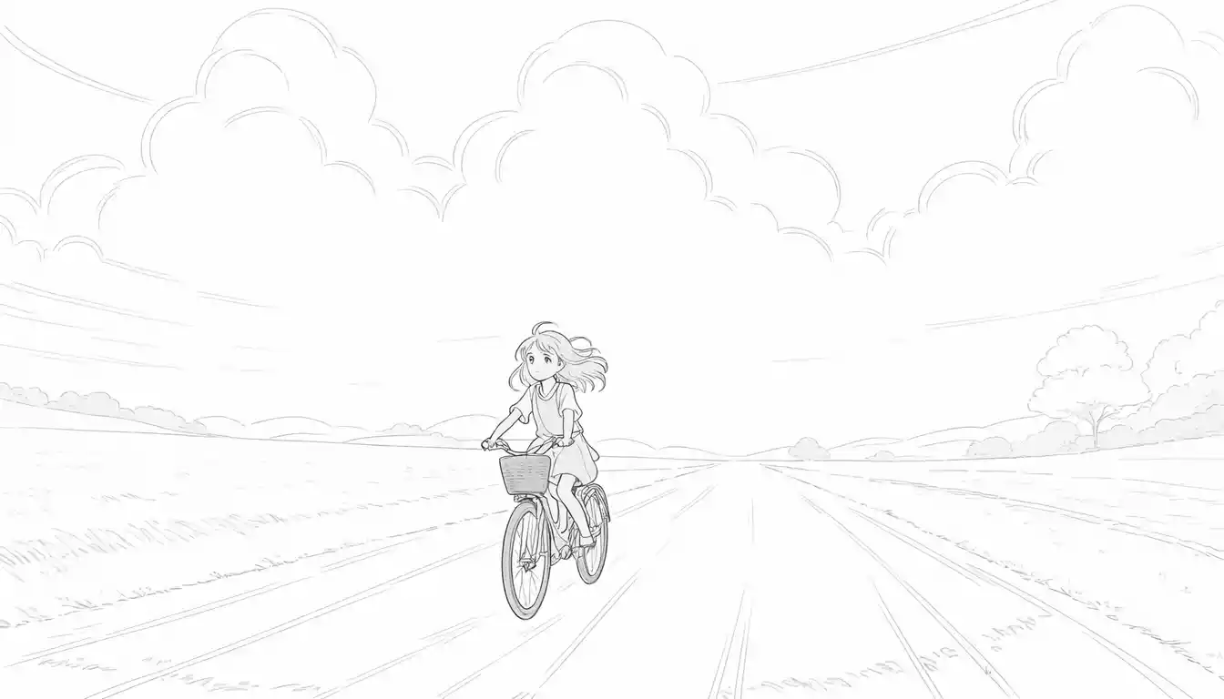 Ragazza anime in bicicletta lungo una tranquilla strada di campagna