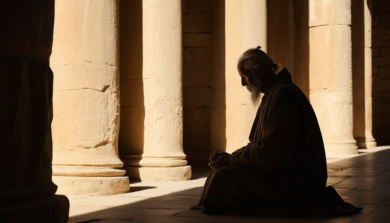 Vieil homme de profil attendant calmement dans la lumière du temple