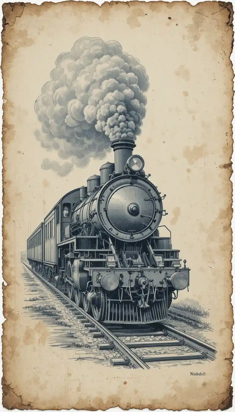 Tren de vapor antiguo grabado en madera sobre papel de lino envejecido