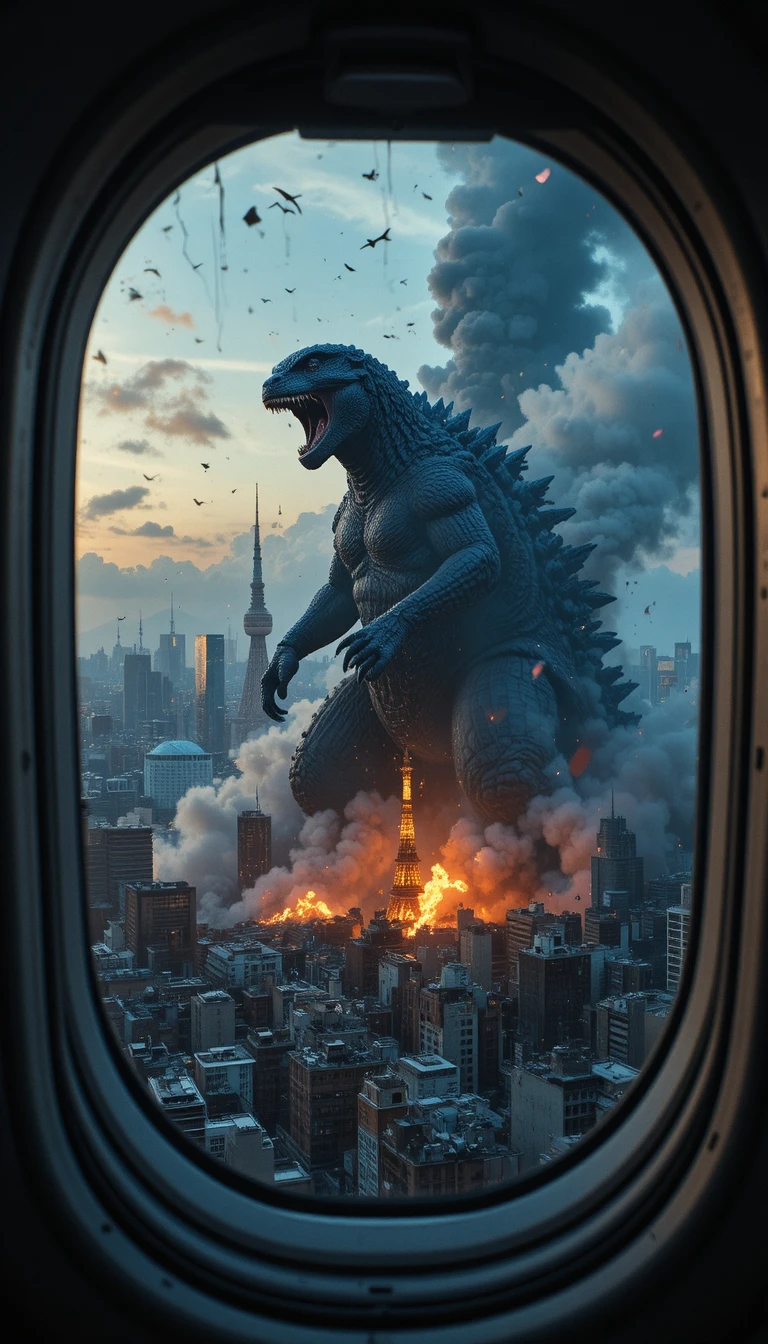 Monstro gigante devasta a cidade de Tóquio ao anoitecer