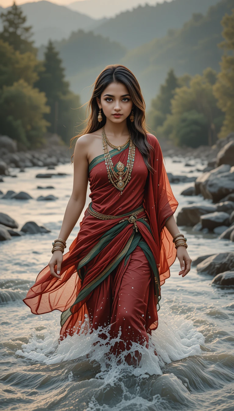 Femme traversant une rivière en crue en tenue traditionnelle rouge et verte