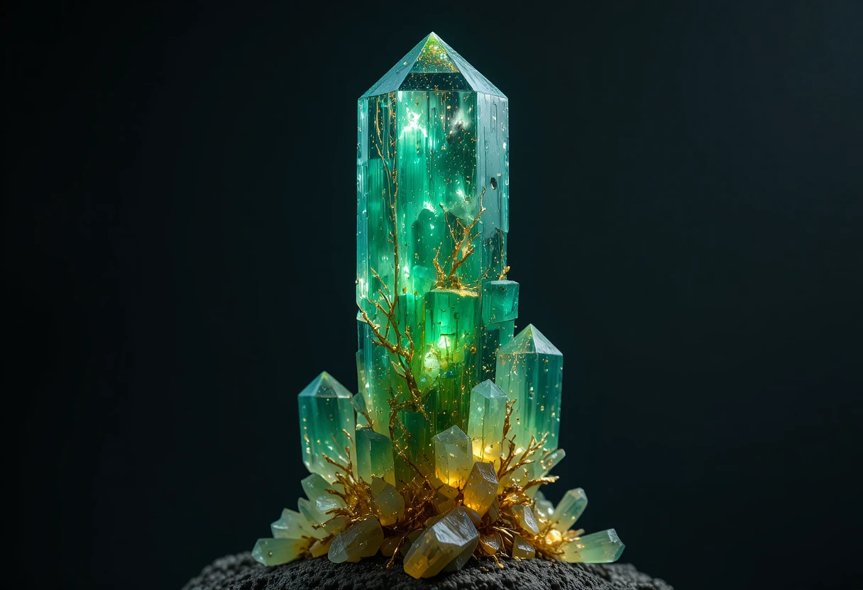 Pilier de cristal émeraude et doré brillant sur fond sombre