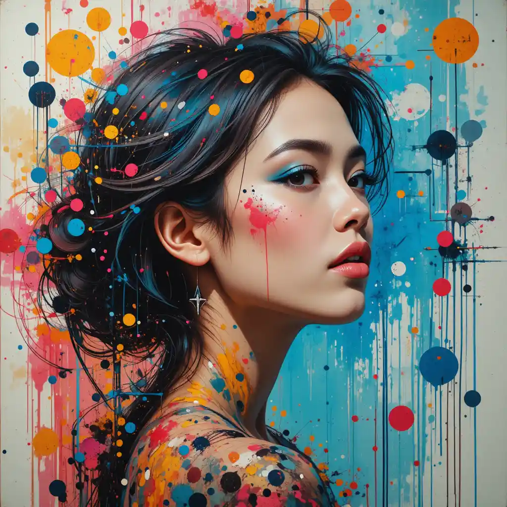 Retrato abstrato em close de uma mulher em cores vibrantes