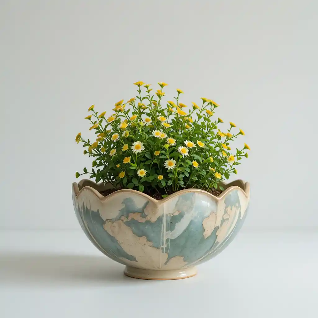 Topfpflanze mit gelben Blüten in einer verzierten Dekoschale