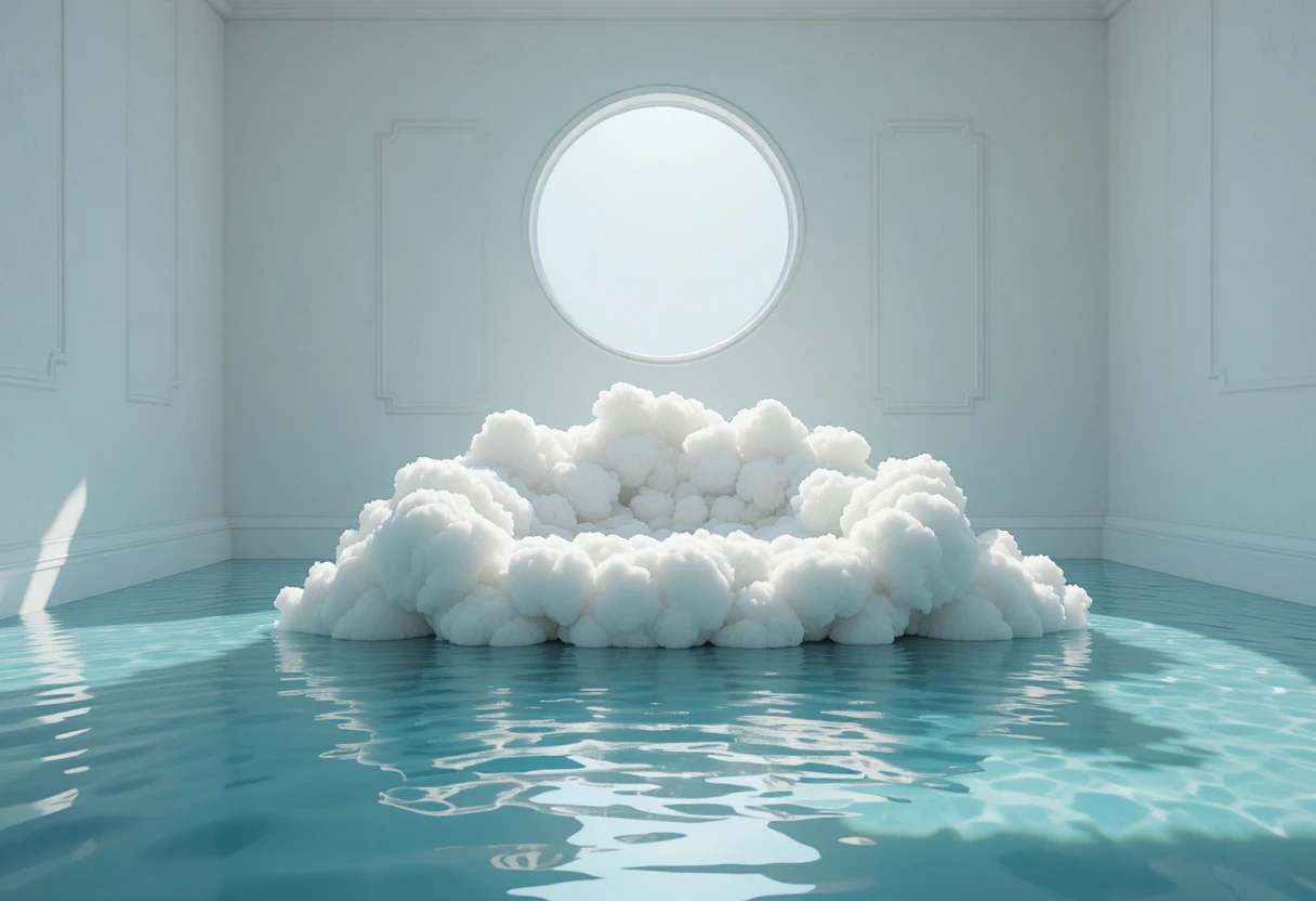 Habitación minimalista surrealista con sofá de nube y suelo de agua