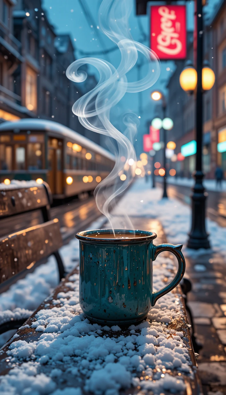 Mug di caffè fumante su panchina innevata alla fermata del tram di notte
