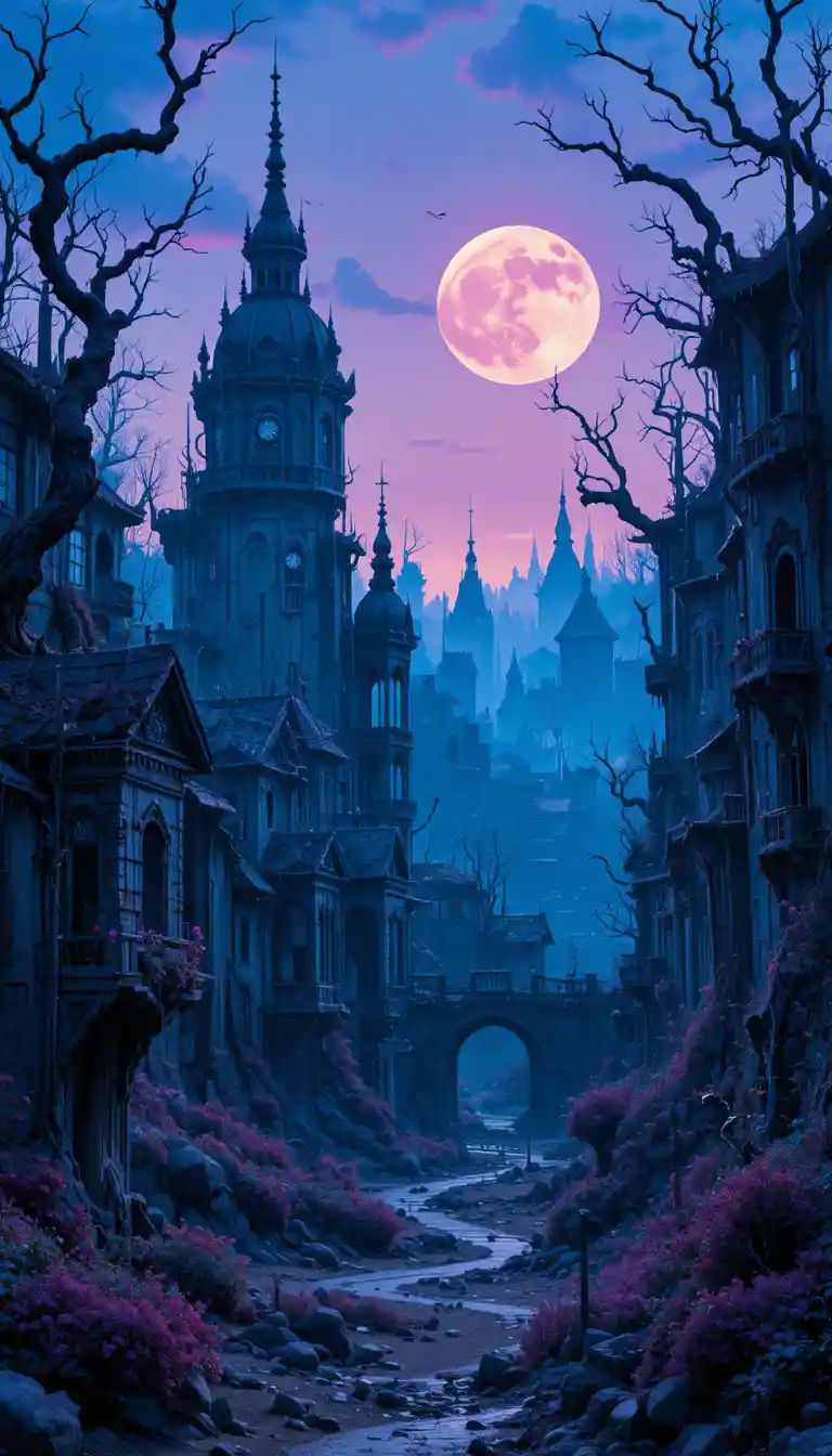 Ruines de ville envahie par la végétation au crépuscule aux couleurs vives