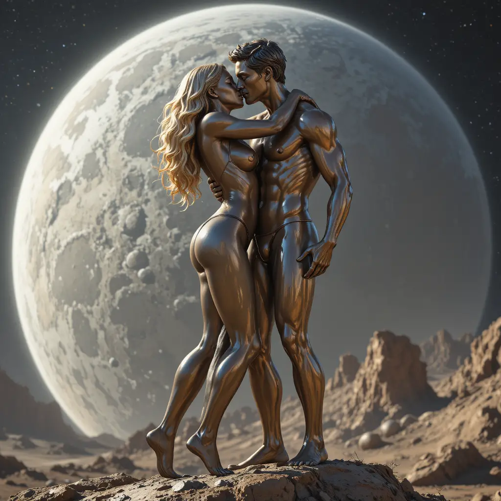 Bronzestatue eines sich umarmenden Paares auf einem Asteroiden im All
