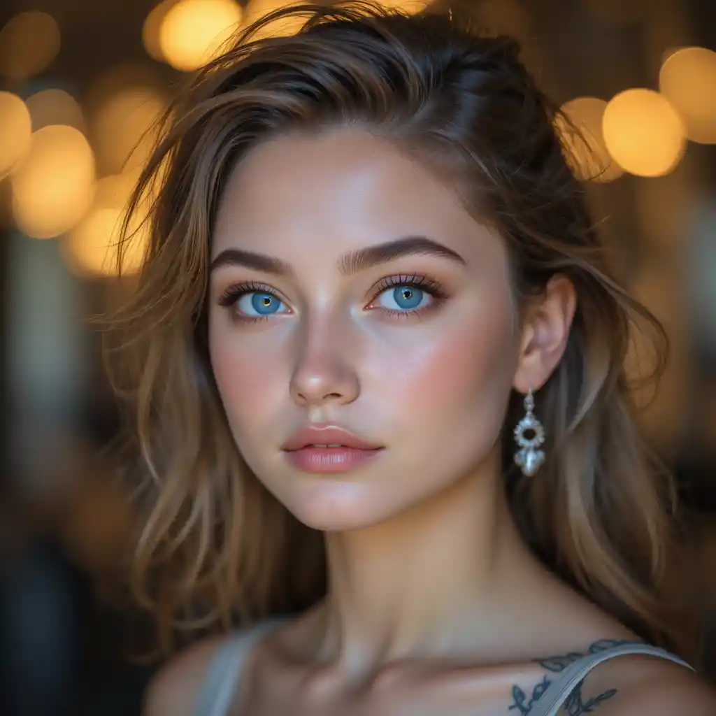 Porträt einer jungen Frau mit blauen Augen und goldenem Bokeh